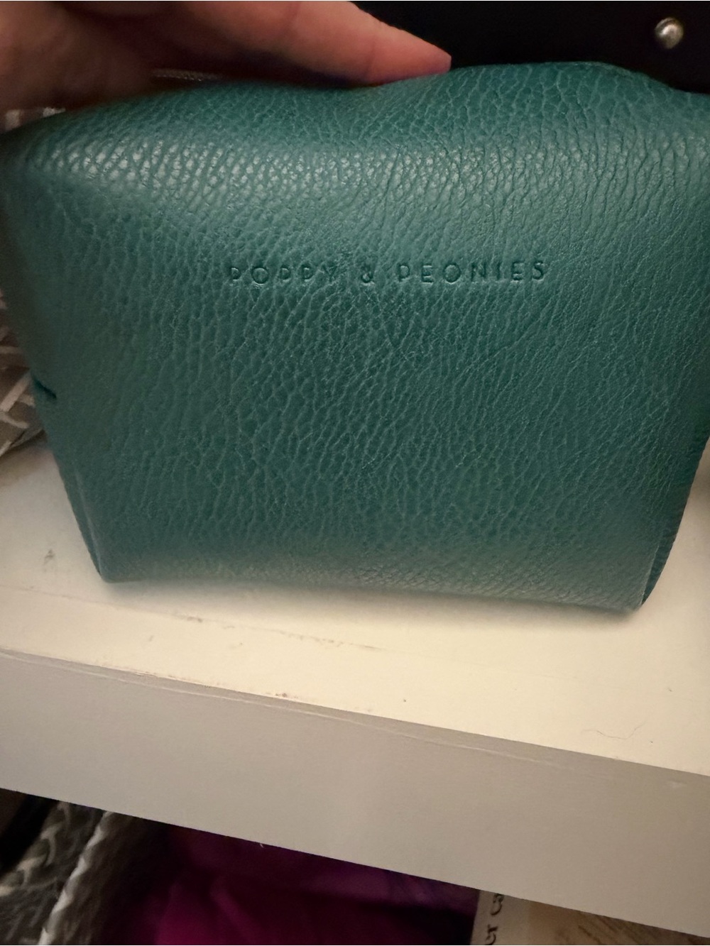 Poppy & Peonies Emerald Green Leather Zip Pouch with Peach Lining